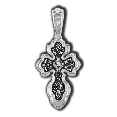 Распятие Христово. Шестикрылый серафим. Православный крест из серебра 925 пробы с родированием фото