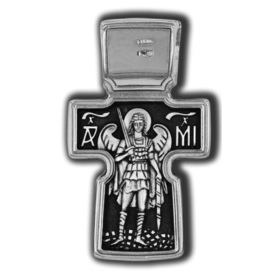 Распятие Христово. Архангел Михаил. Православный крест из серебра 925 пробы с родированием фото