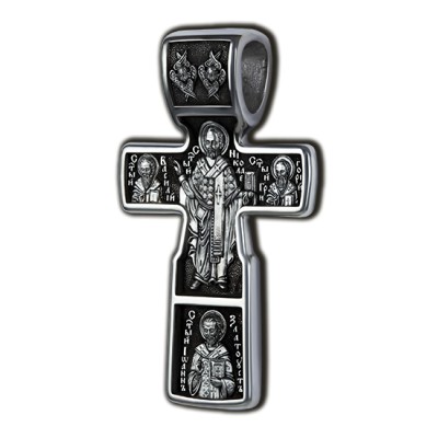 Распятие Христово. Николай Чудотворец. Три Святителя. Православный крест из серебра 925 пробы с родированием фото