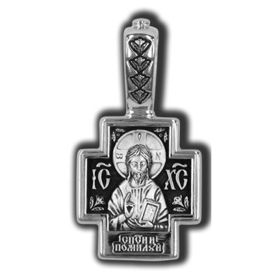 Господь Вседержитель. Святой Пантелеимон Святитель. Православный крест из серебра 925 пробы с родированием фото