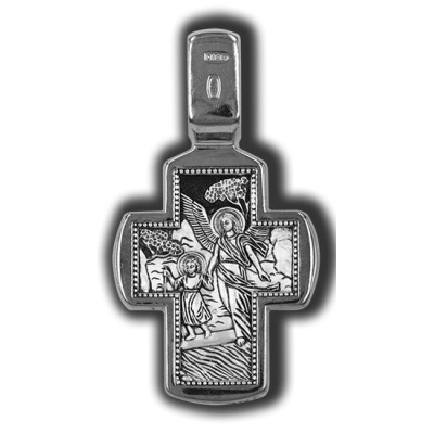 Распятие Христово. Ангел-Хранитель. Православный крест из серебра 925 пробы с родированием фото