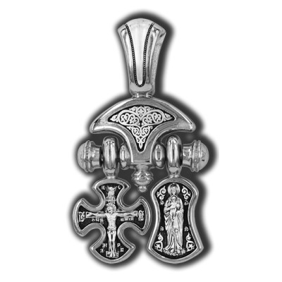 Распятие. Хризма. Православный крест. Валаамская икона Божией. Ангел-Хранитель. Образок из серебра 925 пробы с родированием фото