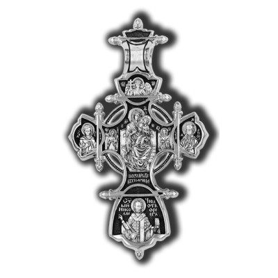 Распятие Христово. Икона Божией Матери Всецарица с предстоящими.  Православный крест из серебра 925 пробы с родированием фото