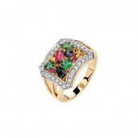 Кольцо с бриллиантом, сапфиром, изумрудом и рубином из желтого золота 750 пробы фото
