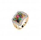 Кольцо с бриллиантом, сапфиром, изумрудом и рубином из желтого золота 750 пробы