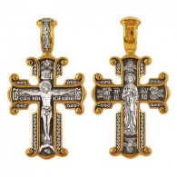 Распятие Христово. Валаамская икона Божией Матери. Православный крест из серебра 925 пробы с желтой позолотой фото