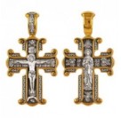 Распятие Христово. Валаамская икона Божией Матери. Православный крест из серебра 925 пробы с желтой позолотой