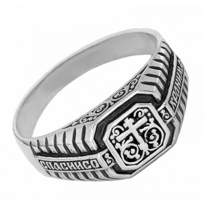 Православное охранное кольцо «Процветший Крест» из серебра 925 пробы  фото