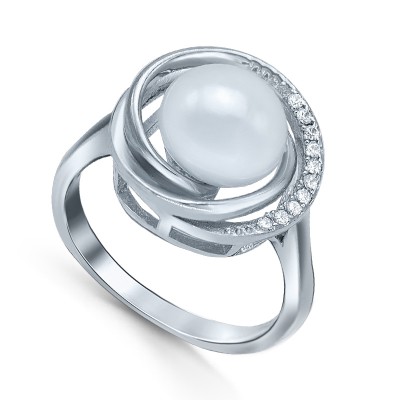 Кольцо с цирконами и жемчугом из серебра 925 пробы фото