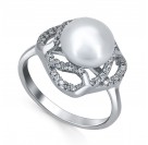Кольцо с цирконами и жемчугом из серебра 925 пробы 3.54 гр. цвет металла белый