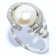 Кольцо с цирконами, жемчугом и эмалью из серебра 925 пробы фото