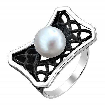 Кольцо с жемчугом из серебра 925 пробы цвет металла белый 5.6 гр. фото