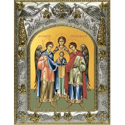 Икона Архангелы Михаил, Гавриил, Рафаил в серебряном окладе фото