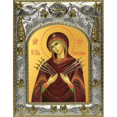 Икона  Божией Матери Семистрельная (Умягчение злых сердец)  в серебряном окладе фото