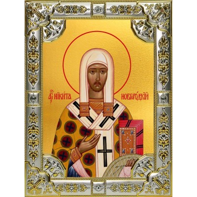 Икона освященная "Никита епископ Новгородский, святитель", 18x24 см, со стразами фото