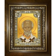 Икона освященная "Николай чудотворец, архиепископ Мир Ликийских, святитель", 18x24 см, со стразами, в деревянном киоте 24x30 см фото