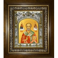 Икона освященная "Николай чудотворец, архиепископ Мир Ликийских,святитель", 14x18 см, в деревянном киоте 20x24 см фото