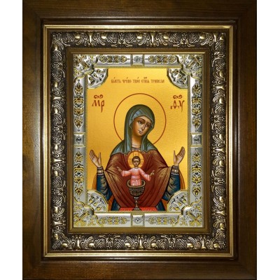 Икона освященная "Бысть Чрево Твое Святая Трапеза икона Божией Матери", в киоте 24x30 см фото