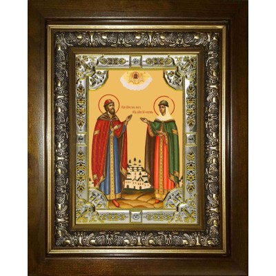Икона освященная "Петр и Феврония святые благоверные князья", со стразами, в киоте 24x30 см фото