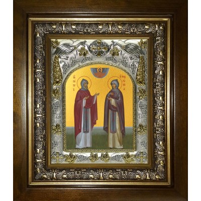 Икона освященная "Петр и Феврония святые благоверные князья", в киоте 20x24 см фото