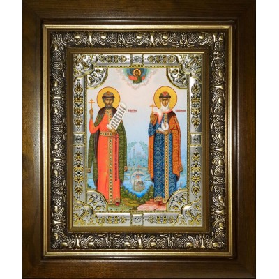 Икона освященная "Петр и Феврония святые благоверные князья", со стразами, в киоте 24x30 см фото