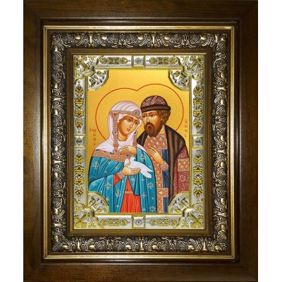 Икона освященная "Петр и Феврония святые благоверные князья", в киоте 24x30 см фото