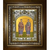 Икона освященная "Косьма и Дамиан мученики целители бессребреники", в киоте 20x24 см фото