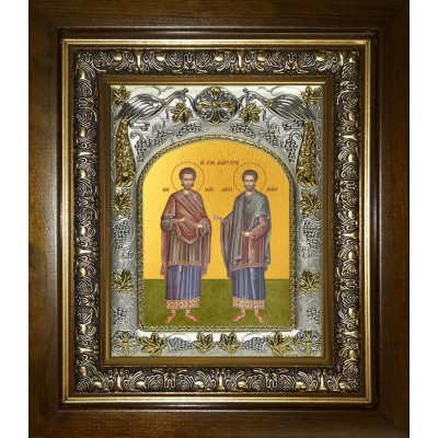 Икона освященная "Косьма и Дамиан мученики целители бессребреники", в киоте 20x24 см фото