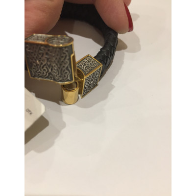 "Отче наш". Кожаный браслет из кожи и серебра 925 пробы с золотым покрытием и чернением фото
