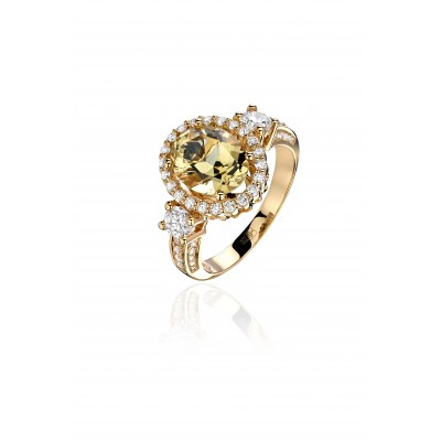 Кольцо с кварцем и бриллиантом из желтого золота 750 пробы фото