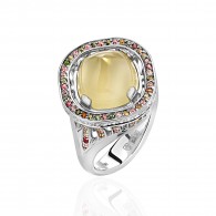 Кольцо с кварцем, бриллиантом и турмалином из белого золота 585 пробы фото