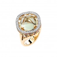 Кольцо с бриллиантом, турмалином и празиолитом из желтого золота 585 пробы фото