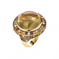 Кольцо с кварцем, аметистом, хризолитом, цитрином, бриллиантом и турмалином из желтого золота 585 пробы фото