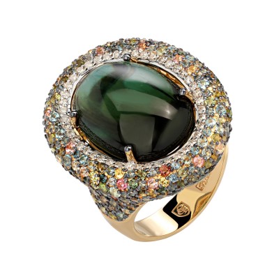 Кольцо с топазом, бриллиантом, сапфиром и турмалином из желтого золота 750 пробы фото
