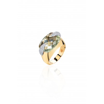 Кольцо с бриллиантом и празиолитом из комбинированного золота 585 пробы фото