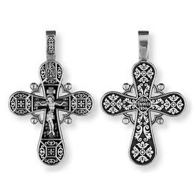 Крест "Тропарь Кресту" из серебра 925 пробы с чернением фото