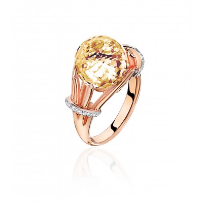 Кольцо с цитрином и бриллиантом из красного золота 585 пробы фото