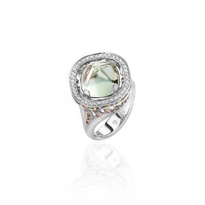 Кольцо с бриллиантом, турмалином и празиолитом из белого золота 585 пробы фото