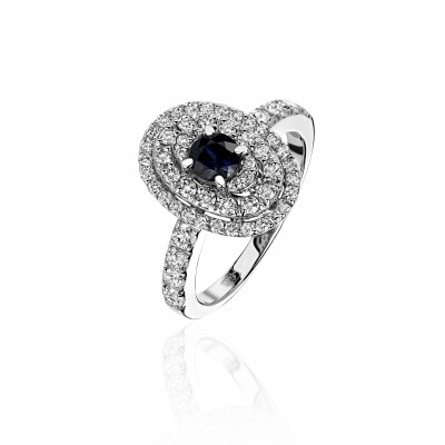 Кольцо с бриллиантом и сапфиром из белого золота 585 пробы фото