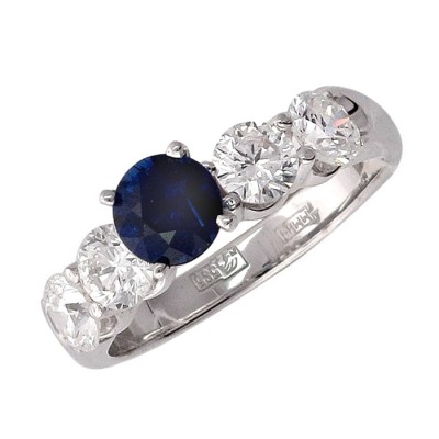 Кольцо с бриллиантом и сапфиром из белого золота 585 пробы фото