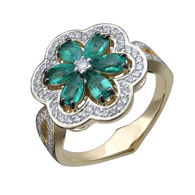 Кольцо с бриллиантом и изумрудом из желтого золота 585 пробы фото