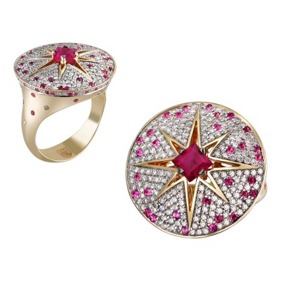 Кольцо с бриллиантом, сапфиром и рубином из желтого золота 585 пробы фото