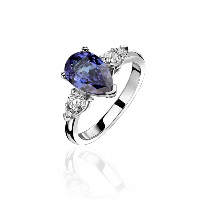 Кольцо с бриллиантом и танзанитом из белого золота 750 пробы фото