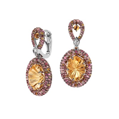 Серьги с цитрином, бриллиантом и турмалином из белого золота 585 пробы фото