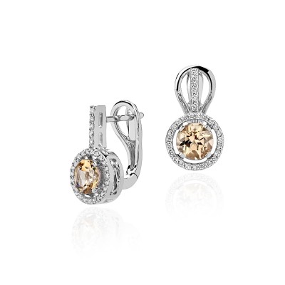 Серьги с бриллиантом и гелиодором из белого золота 585 пробы фото