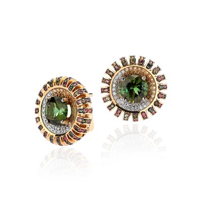 Серьги с бриллиантом и турмалином из желтого золота 585 пробы фото