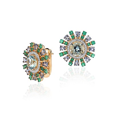 Серьги с цирконом, топазом, бриллиантом и изумрудом из желтого золота 585 пробы фото