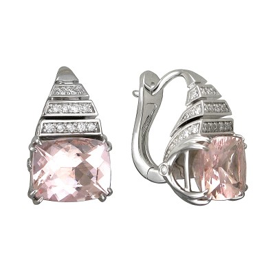 Серьги с бриллиантом и морганитом из белого золота 750 пробы фото