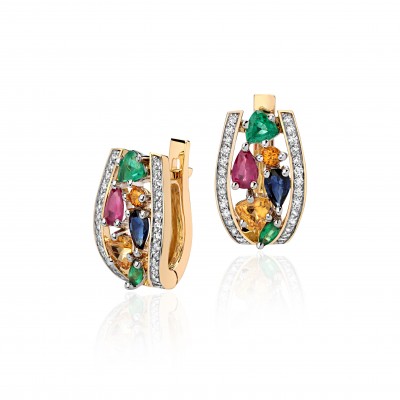 Серьги с бриллиантом, сапфиром, изумрудом и рубином из комбинированного золота 750 пробы фото