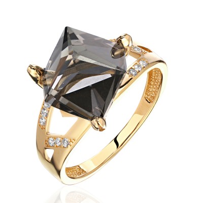 Кольцо с кварцем и  фианитом из желтого золота 585 пробы фото